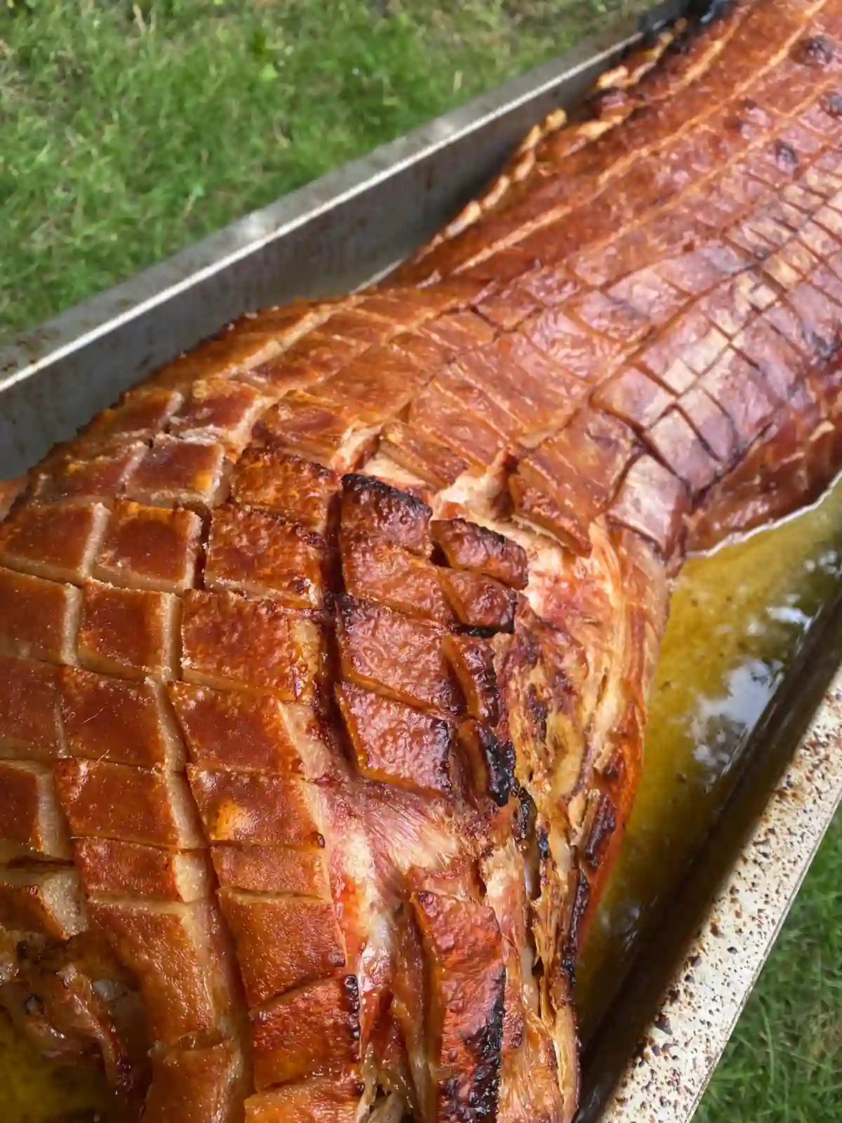 juices in tray under hog roast Meat joint roasted on spit roast bbq