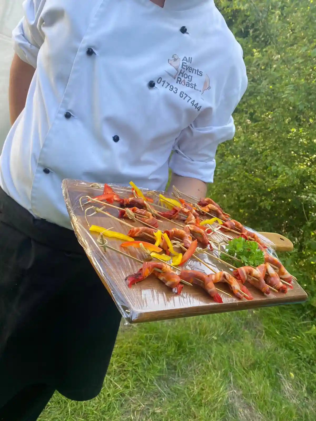 Meat on skewer for catering event