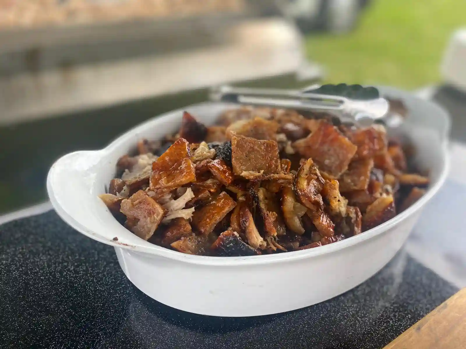 Pork and crackling on in a bowl